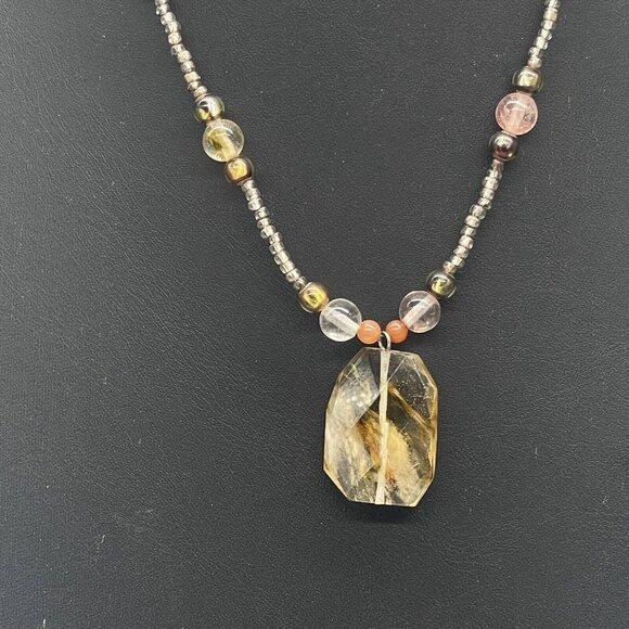 925 Sterling Silver Stone and Beaded Pendant Necklace Adjustable 20 inches - Picture 4 of 8